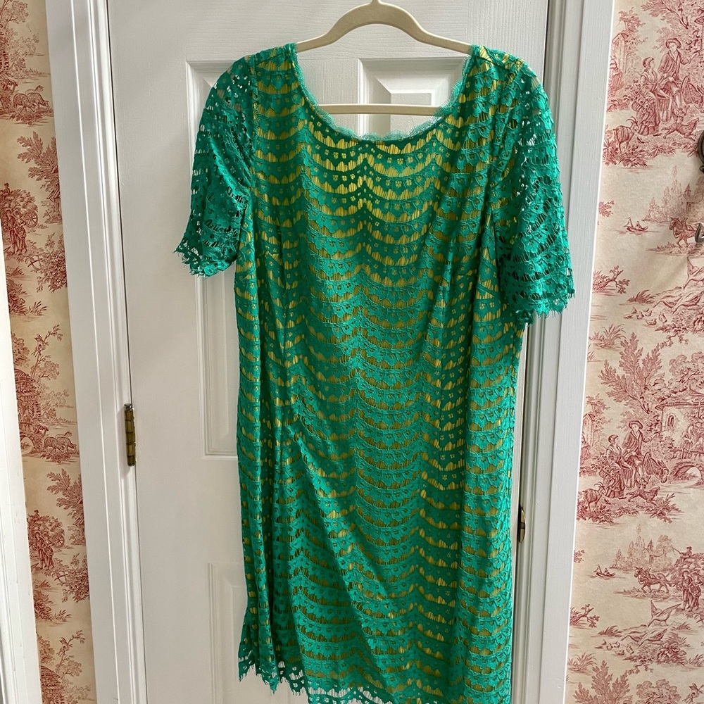 Boden emerald green/chartreuse lace dress. Size 14.